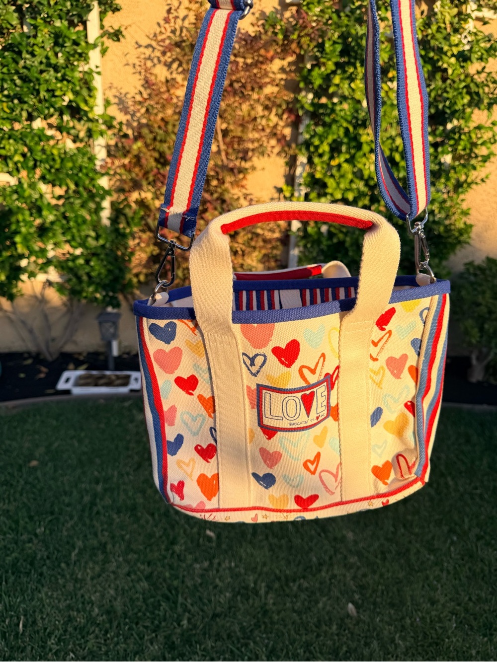 Love Heart Canvas Tote Bag with Removable Strap - Cream Multi